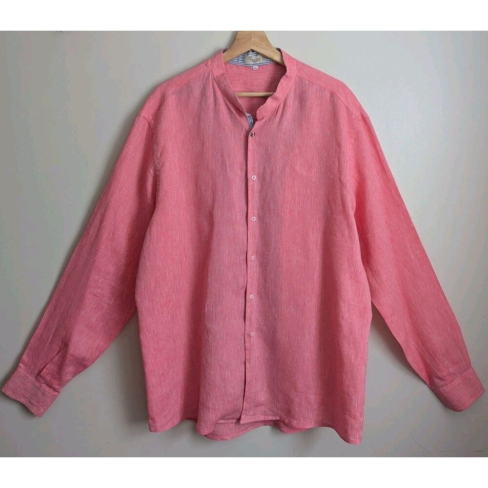 Mens 3XL 100% Italian Linen Band Collar Shirt Casual Classic Summer Button Up